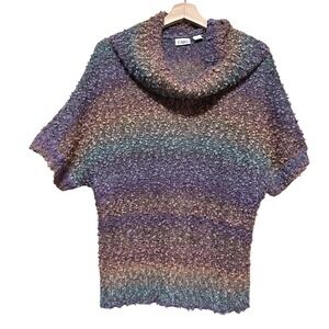 Cato Womens XL Cowl Neck Popcorn Knit Sweater Short Sleeve Ombre Metallic Purple